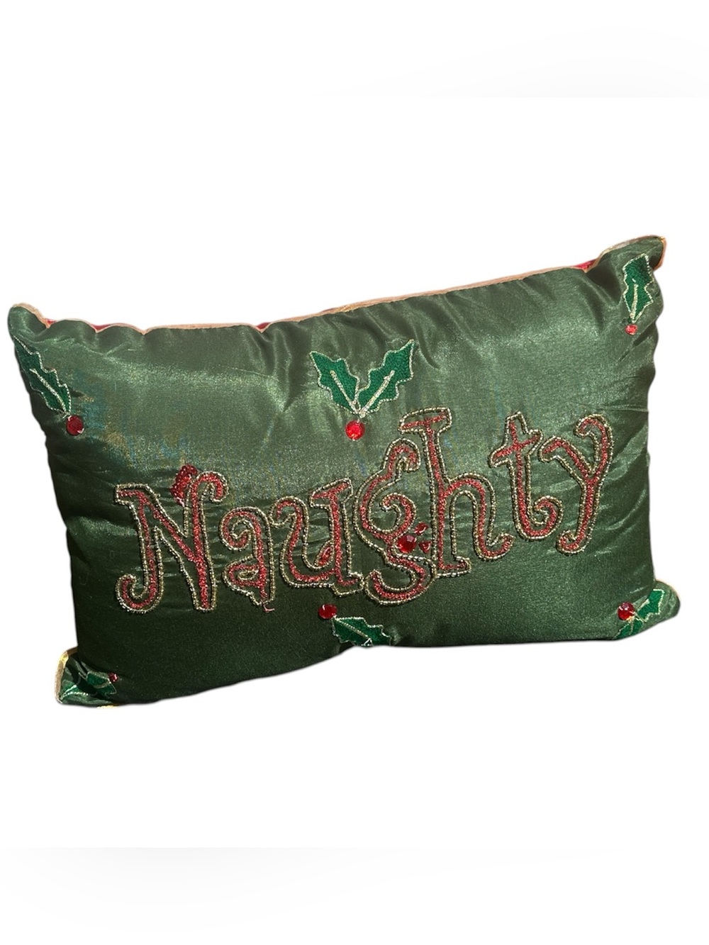 Pier 1 Christmas Pillow Naughty Nice Reversible Beaded Embroidered Gold Trim